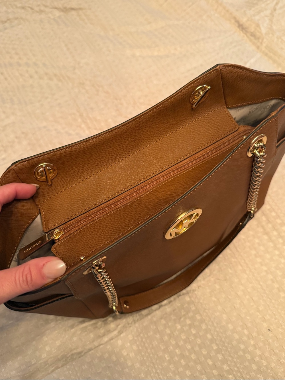 Michael Kors Cognac Saffiano Leather Tote with Gold Chain Straps - Picture 2 of 4